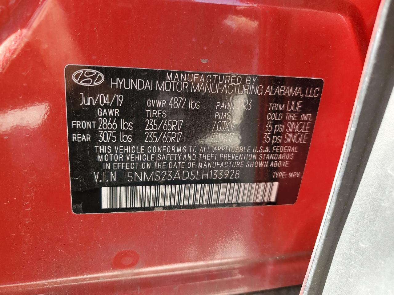 5NMS23AD5LH133928 2020 Hyundai Santa Fe Se