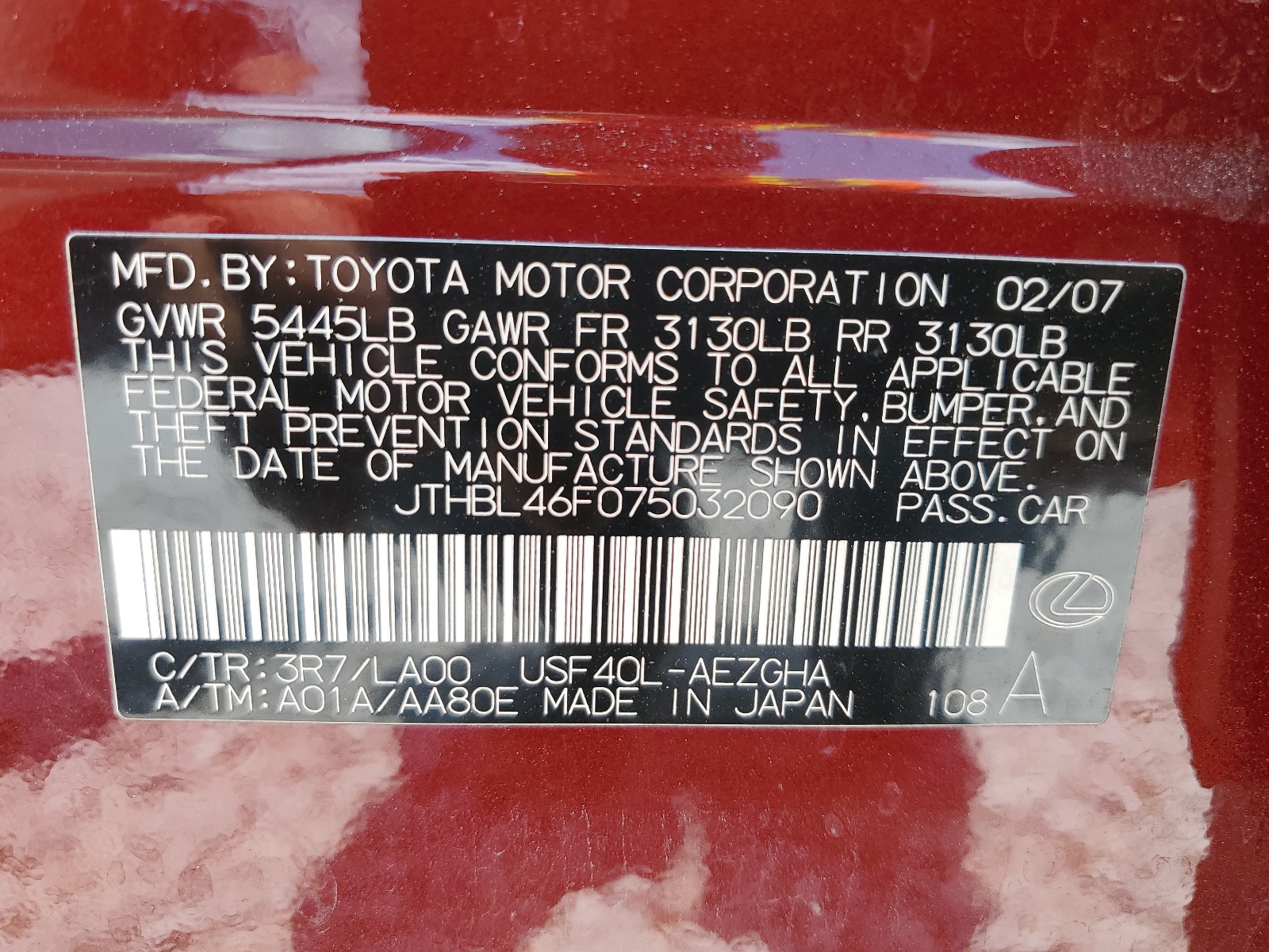 JTHBL46F075032090 2007 Lexus Ls 460