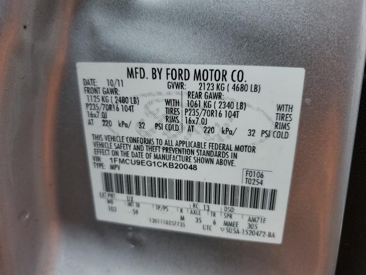 2012 Ford Escape Limited VIN: 1FMCU9EG1CKB20048 Lot: 67570344