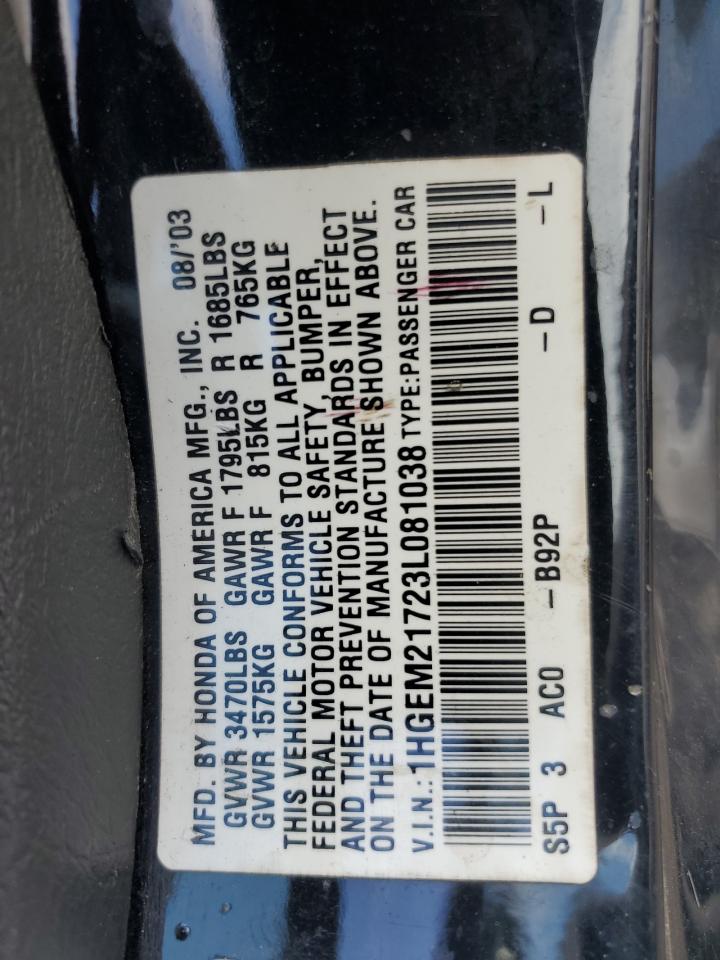 2003 Honda Civic Hx VIN: 1HGEM21723L081038 Lot: 68563904