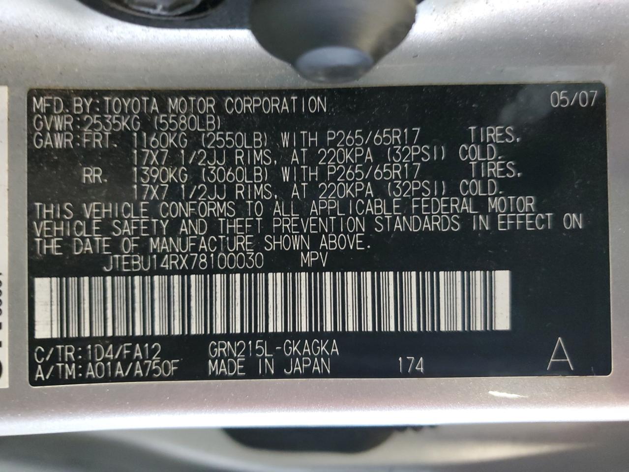 JTEBU14RX78100030 2007 Toyota 4Runner Sr5