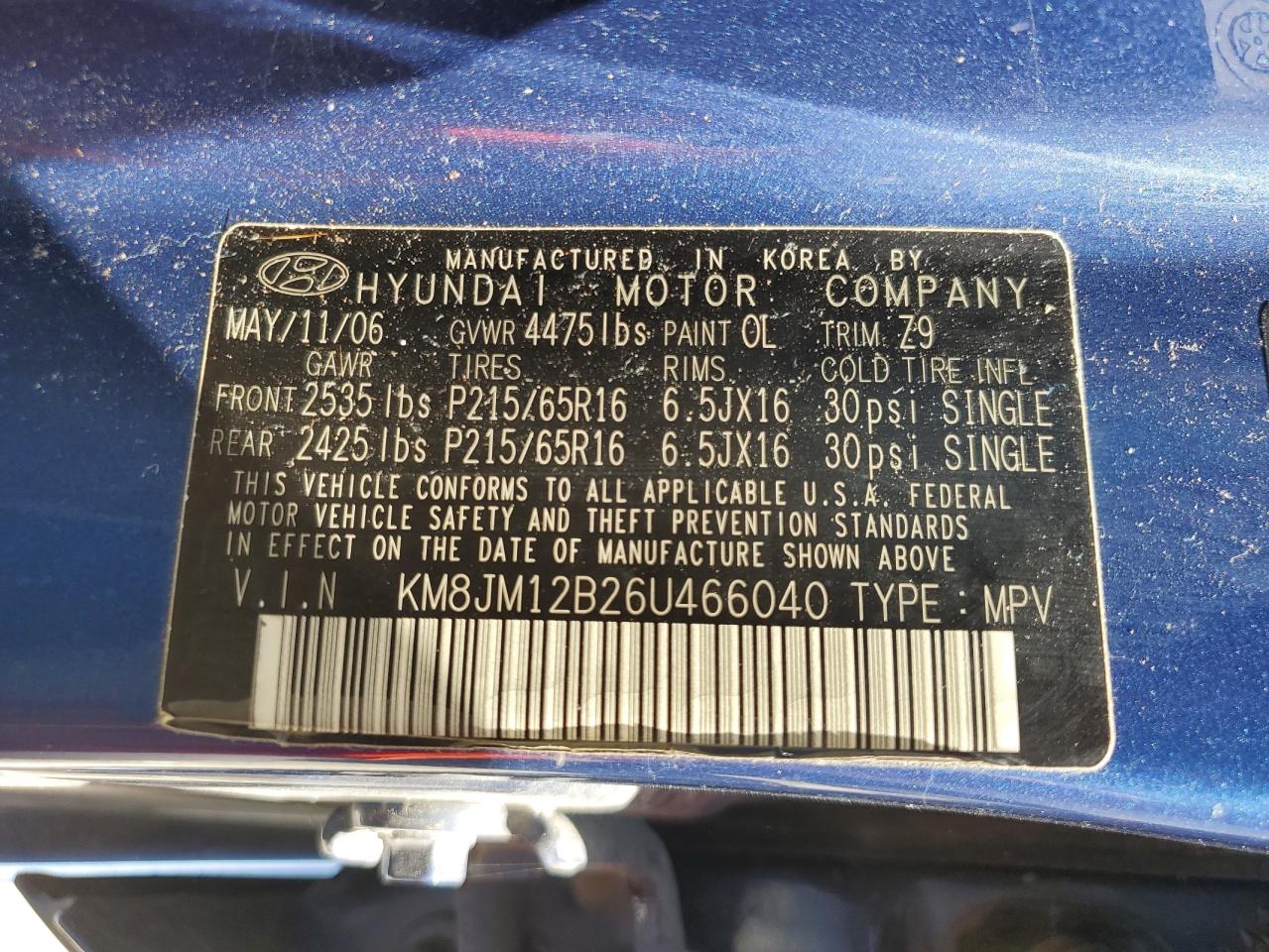 2006 Hyundai Tucson Gl VIN: KM8JM12B26U466040 Lot: 68222114