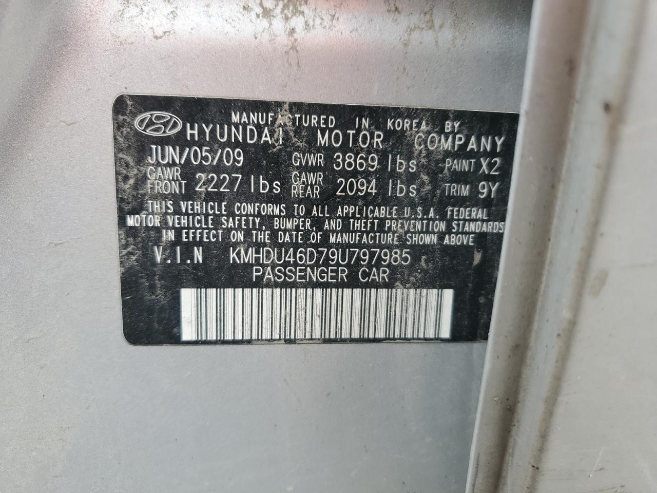 2009 Hyundai Elantra Gls VIN: KMHDU46D79U797985 Lot: 66013694