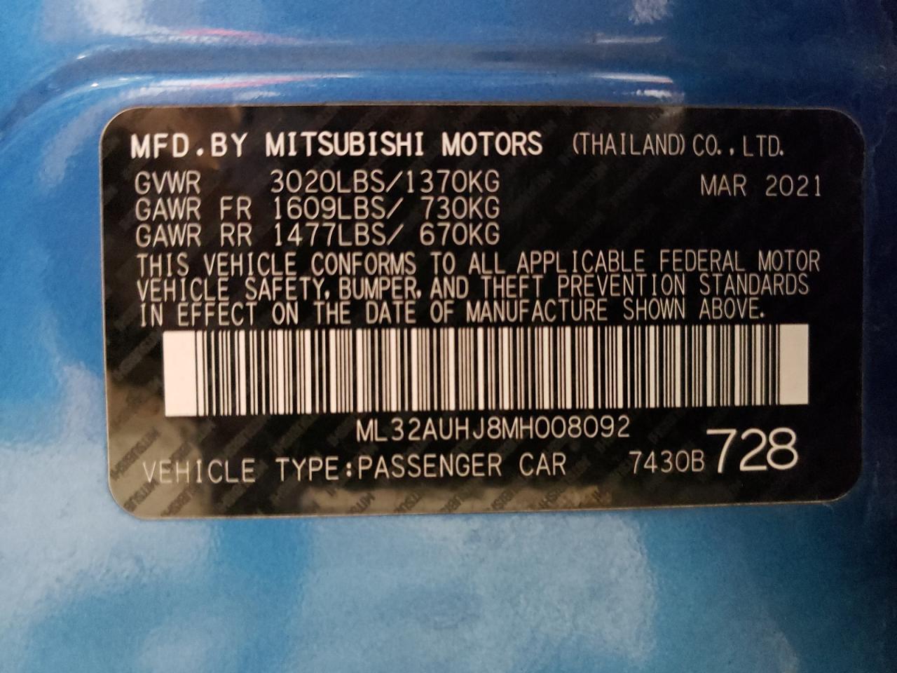 ML32AUHJ8MH008092 2021 Mitsubishi Mirage Es