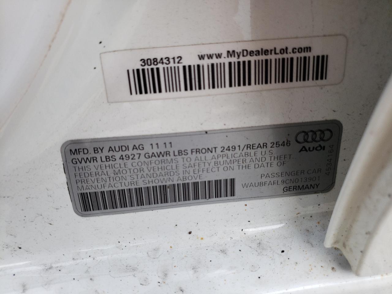 2012 Audi A4 Premium VIN: WAUBFAFL9CN013901 Lot: 66562724