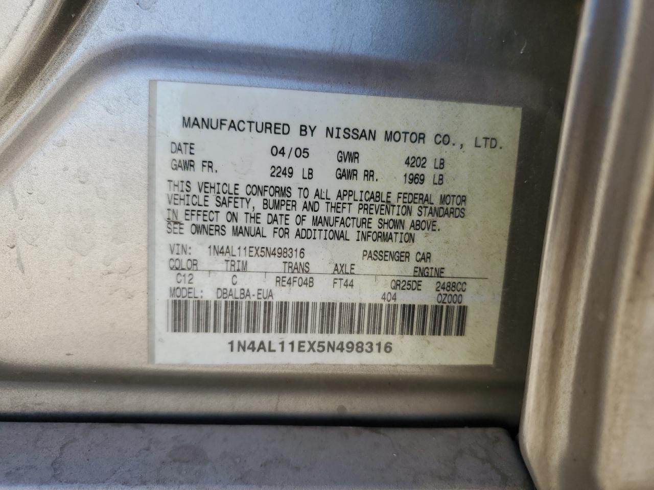 1N4AL11EX5N498316 2005 Nissan Altima S