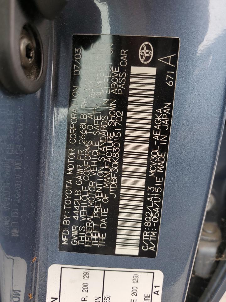 2003 Toyota Camry Le VIN: JTDBF30K830151702 Lot: 66147124