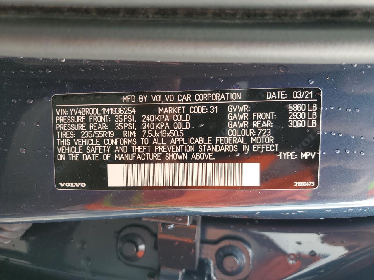 YV4BR0DL1M1836254 2021 Volvo Xc60 T8 Recharge Inscription