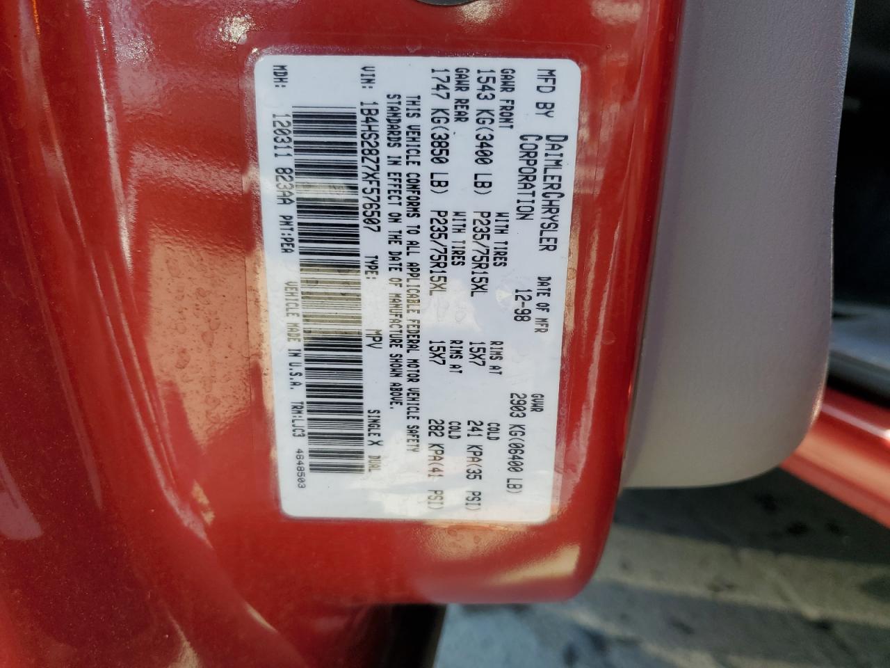 1999 Dodge Durango VIN: 1B4HS28Z7XF576507 Lot: 65952414