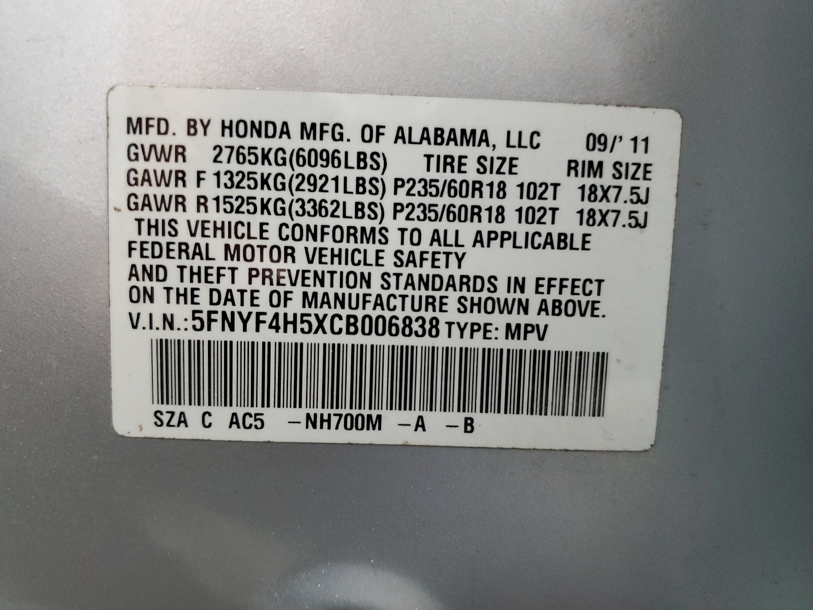5FNYF4H5XCB006838 2012 Honda Pilot Exl