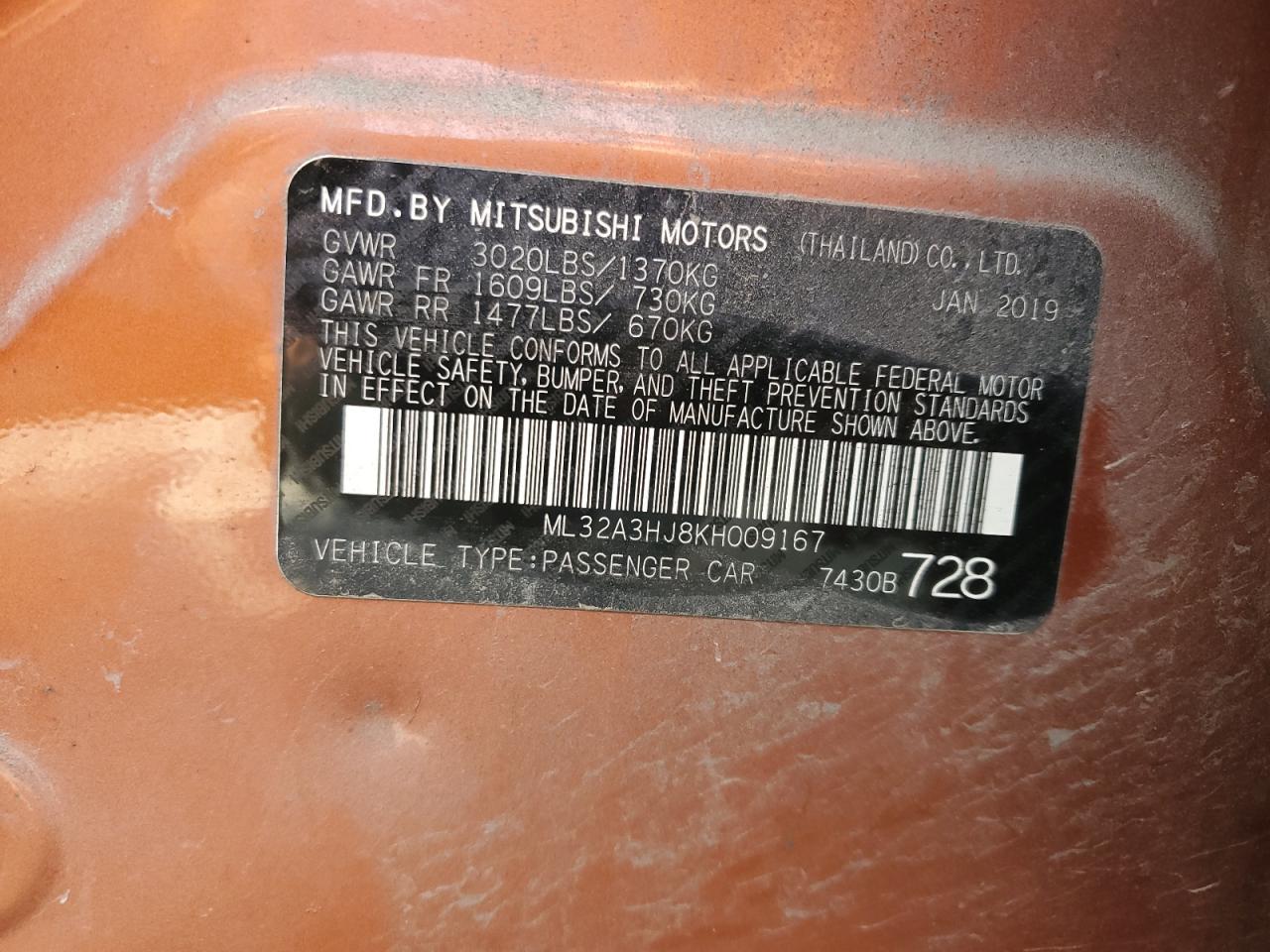 2019 Mitsubishi Mirage Es VIN: ML32A3HJ8KH009167 Lot: 65421074