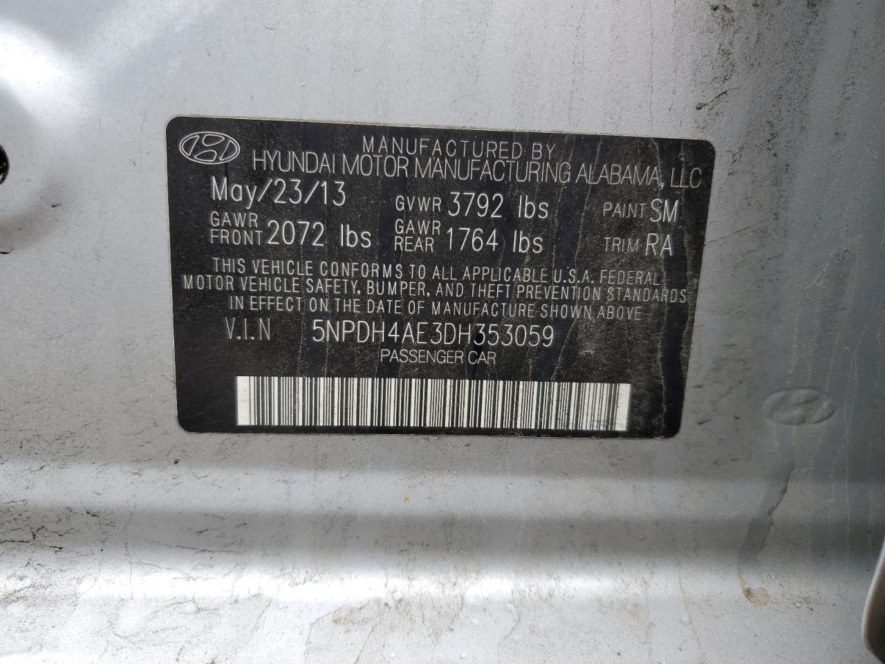 2013 Hyundai Elantra Gls VIN: 5NPDH4AE3DH353059 Lot: 66627564