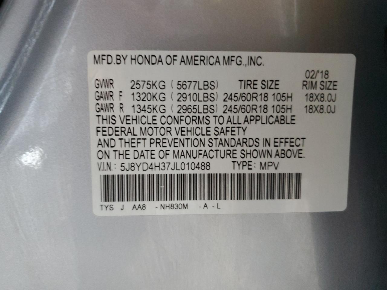 5J8YD4H37JL010488 2018 Acura Mdx