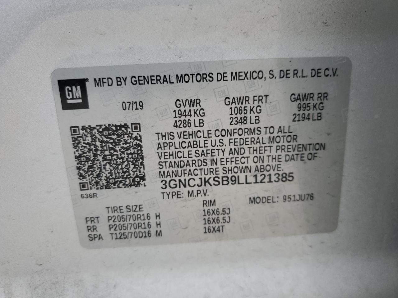 3GNCJKSB9LL121385 2020 Chevrolet Trax Ls