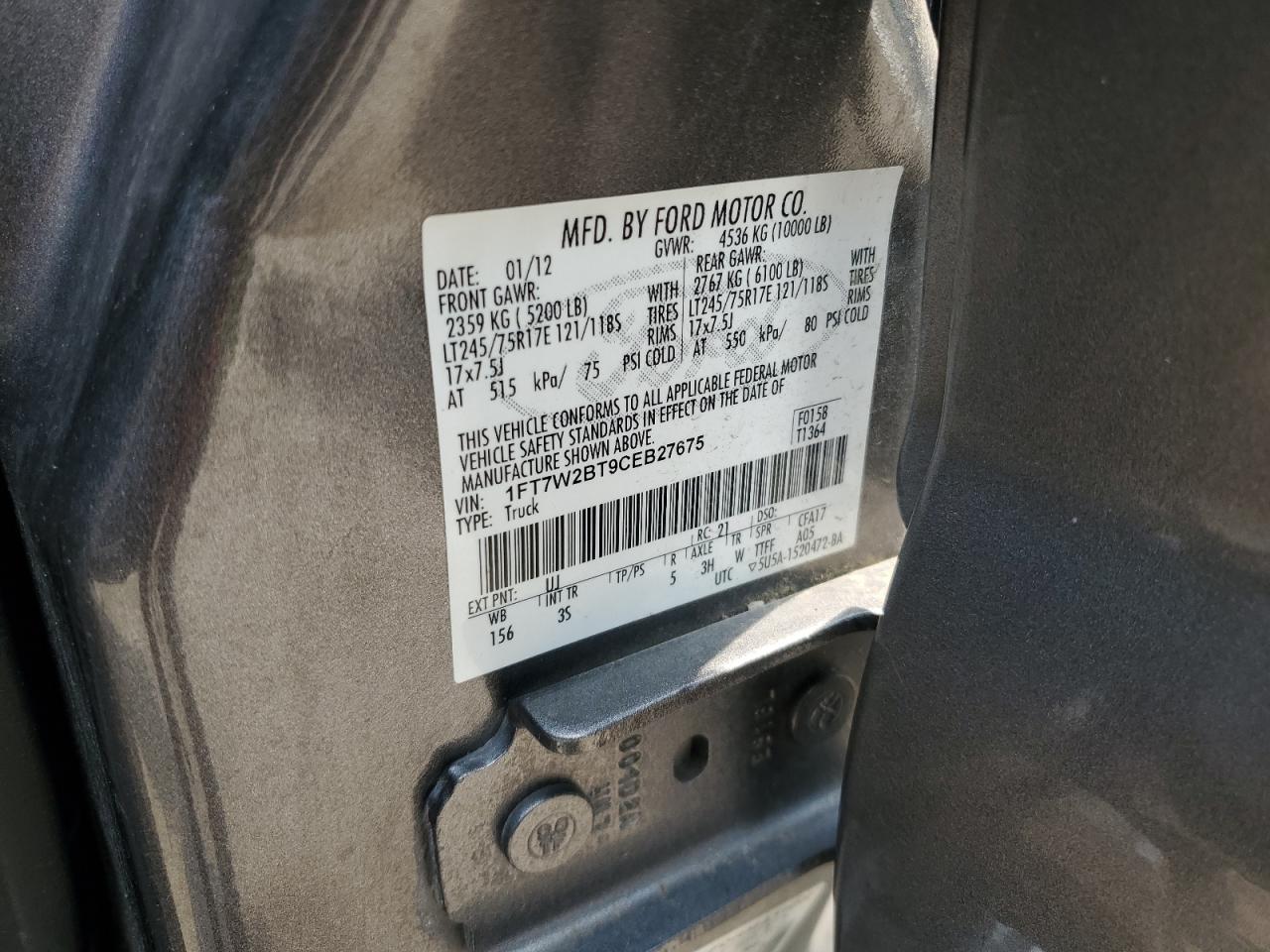 1FT7W2BT9CEB27675 2012 Ford F250 Super Duty