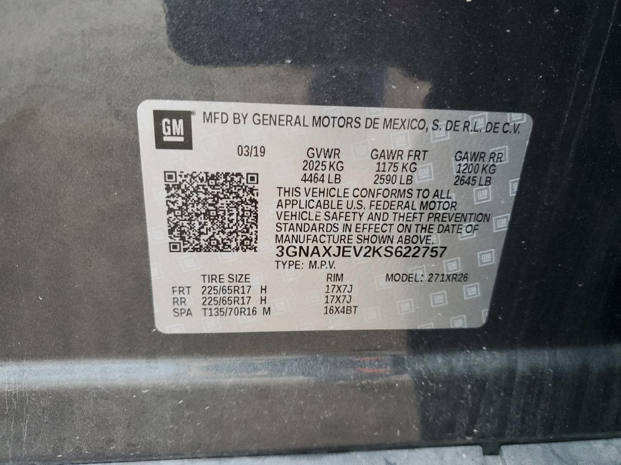 3GNAXJEV2KS622757 2019 Chevrolet Equinox Lt