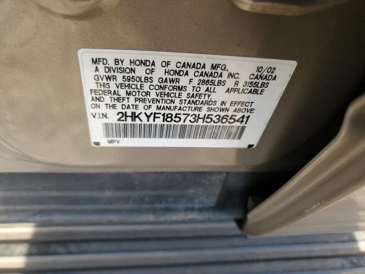 2003 Honda Pilot Exl VIN: 2HKYF18573H536541 Lot: 67790354