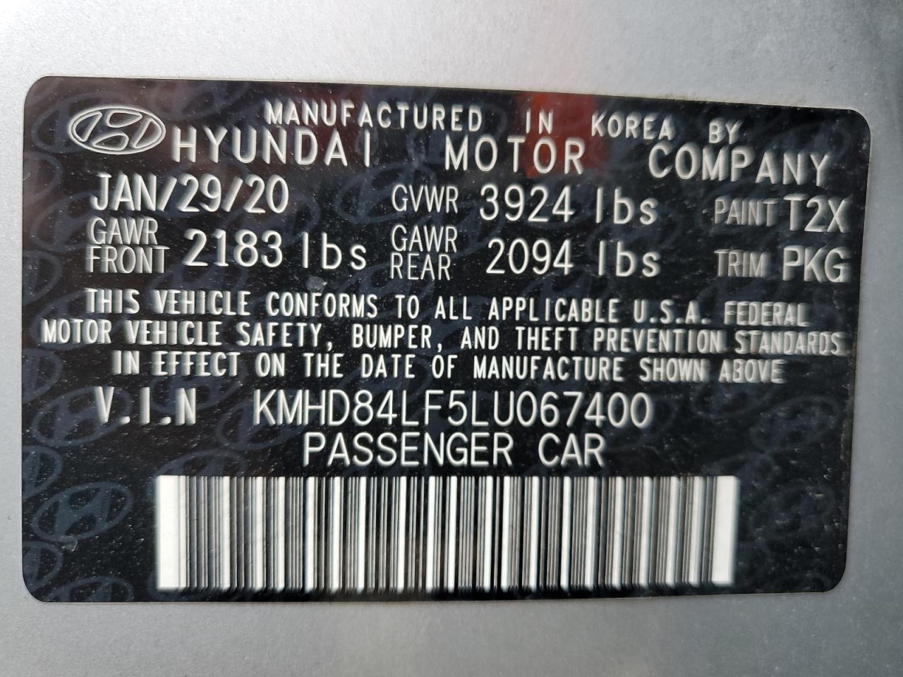 2020 Hyundai Elantra Sel VIN: KMHD84LF5LU067400 Lot: 69488704