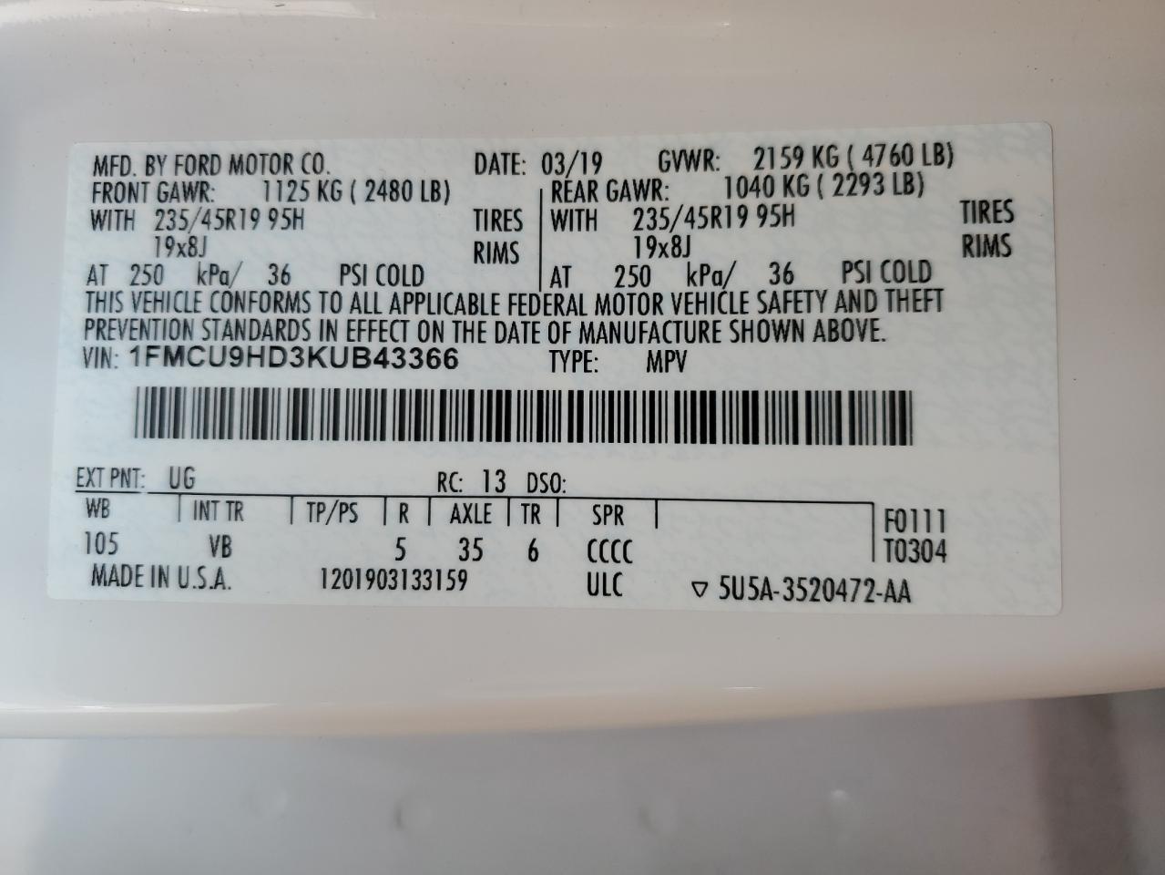 2019 Ford Escape Sel VIN: 1FMCU9HD3KUB43366 Lot: 68895384