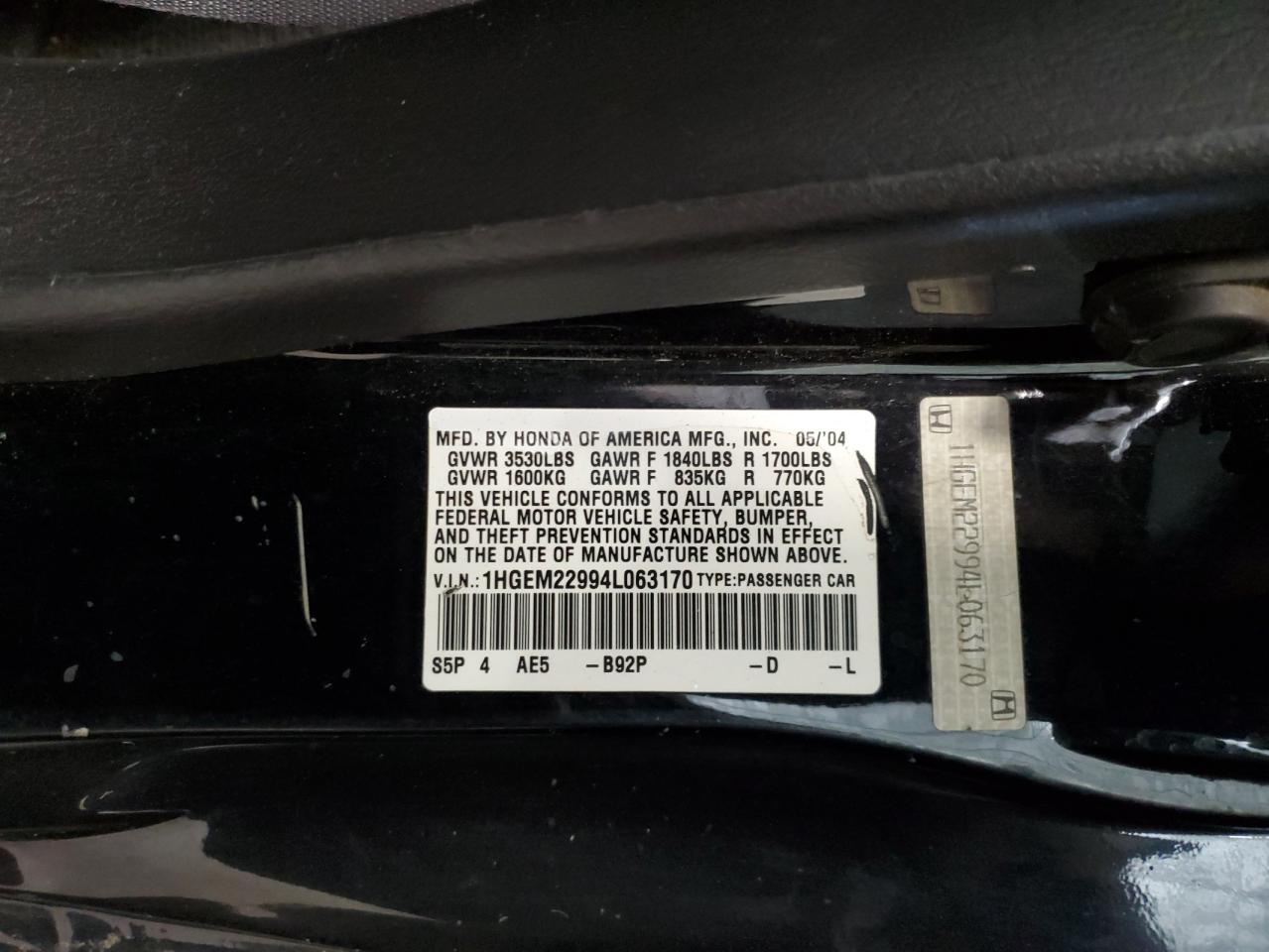 2004 Honda Civic Ex VIN: 1HGEM22994L063170 Lot: 65965384