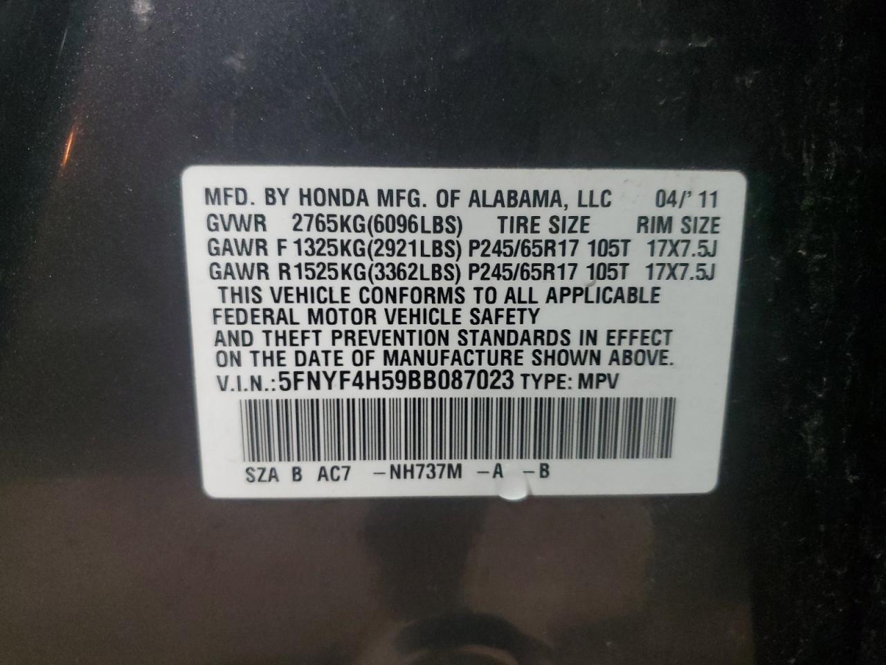 2011 Honda Pilot Exl VIN: 5FNYF4H59BB087023 Lot: 67577684