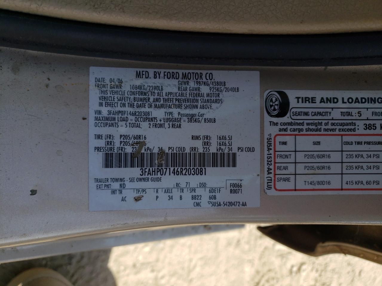 2006 Ford Fusion Se VIN: 3FAHP07146R203081 Lot: 66443034