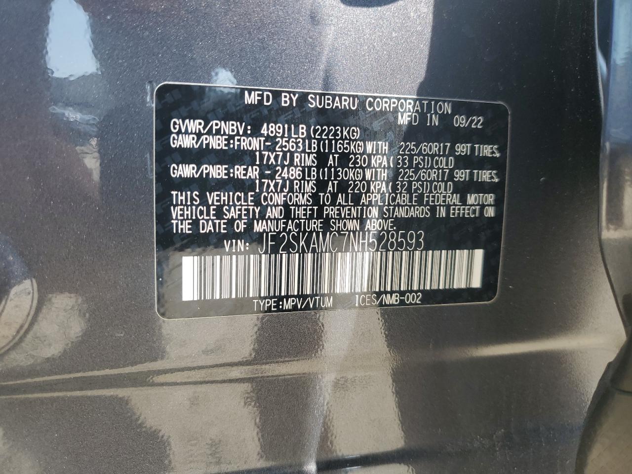 2022 Subaru Forester Wilderness VIN: JF2SKAMC7NH528593 Lot: 65377114