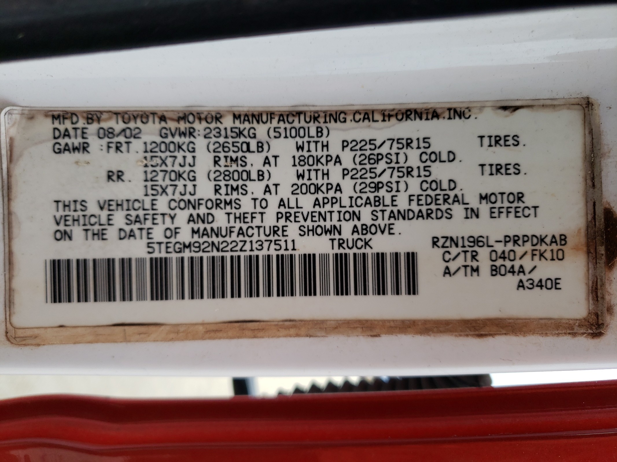 5TEGM92N22Z137511 2002 Toyota Tacoma Double Cab Prerunner