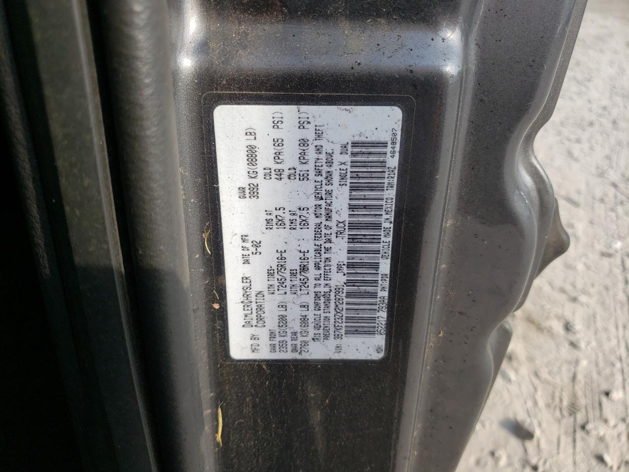 2002 Dodge Ram 2500 VIN: 3B7KF23ZX2M287991 Lot: 65954724