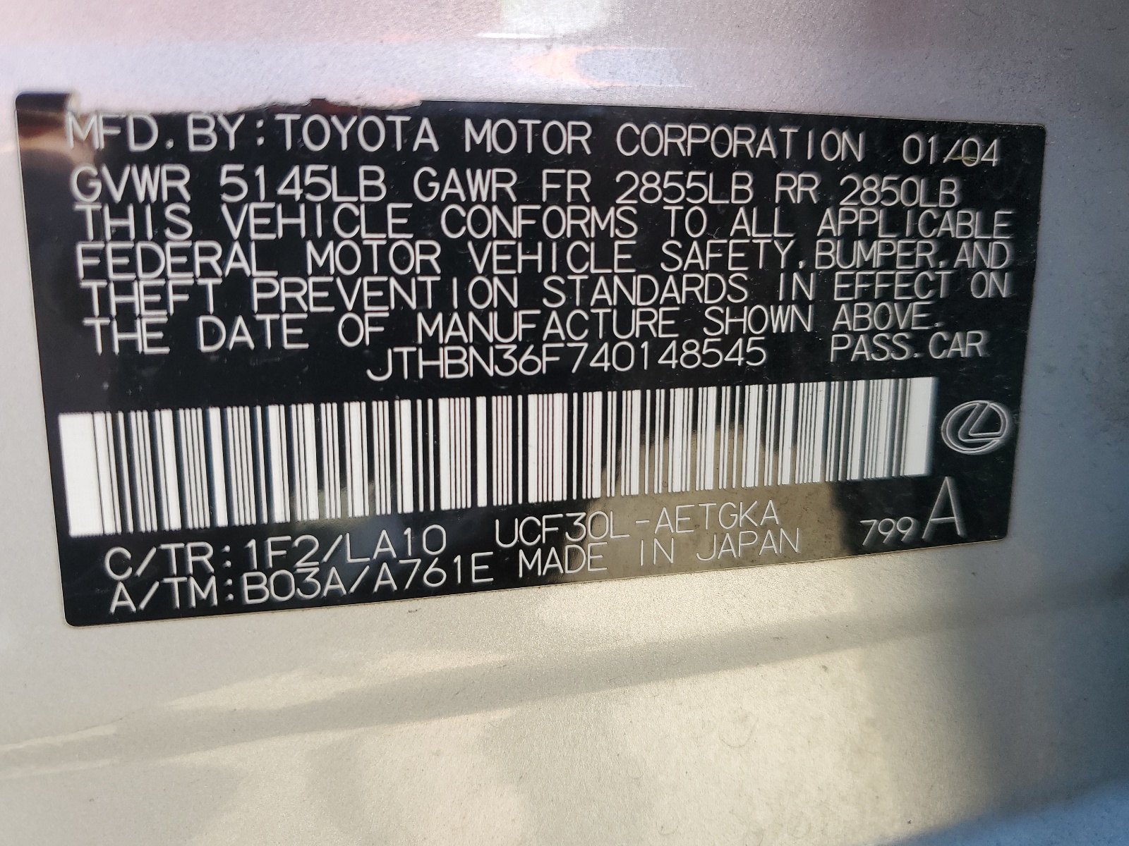 JTHBN36F740148545 2004 Lexus Ls 430