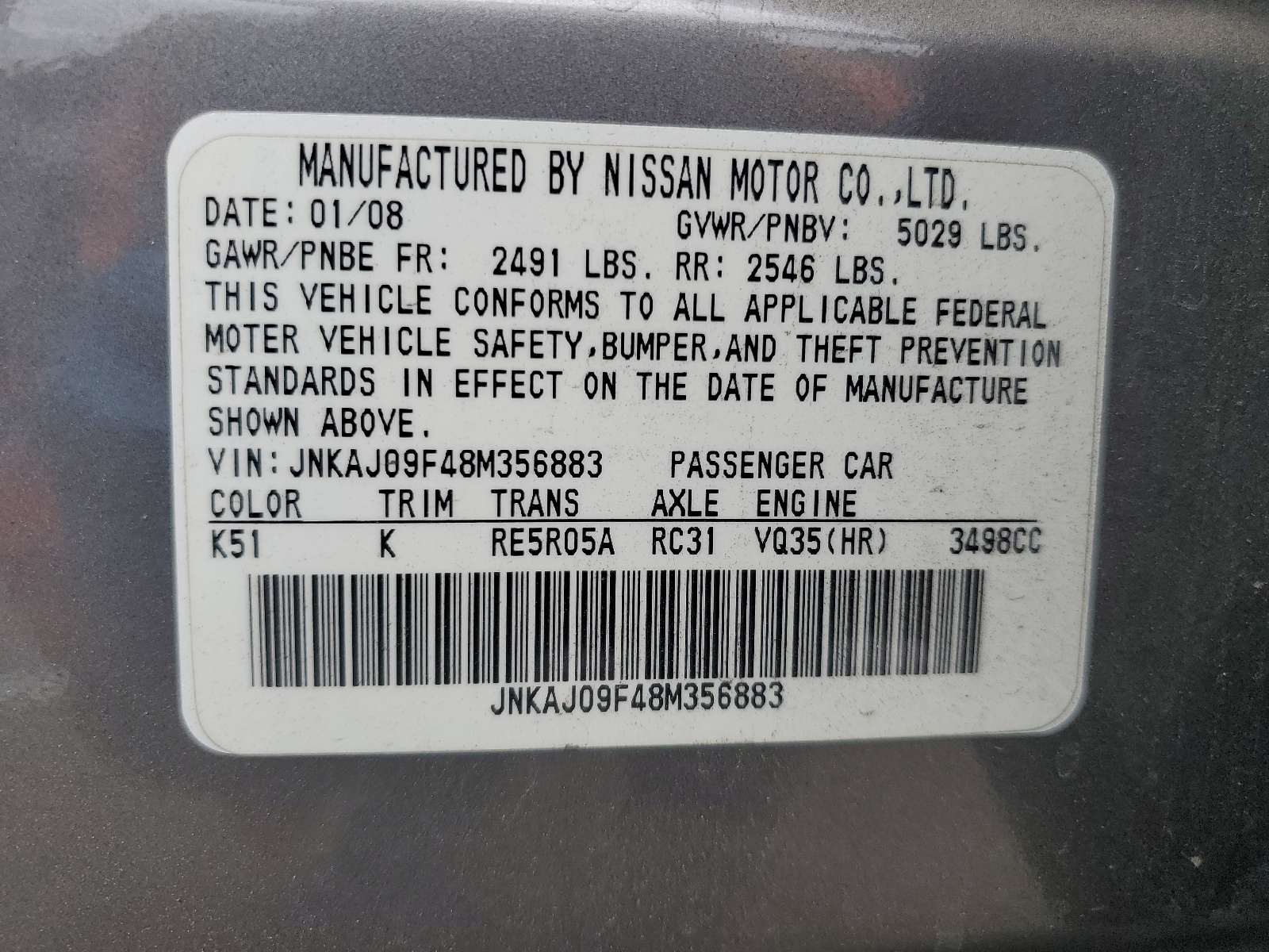 JNKAJ09F48M356883 2008 Infiniti Ex35 Base