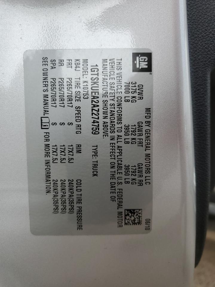 2010 GMC Sierra K1500 Sl VIN: 1GTSKUEA2AZ274759 Lot: 65199454