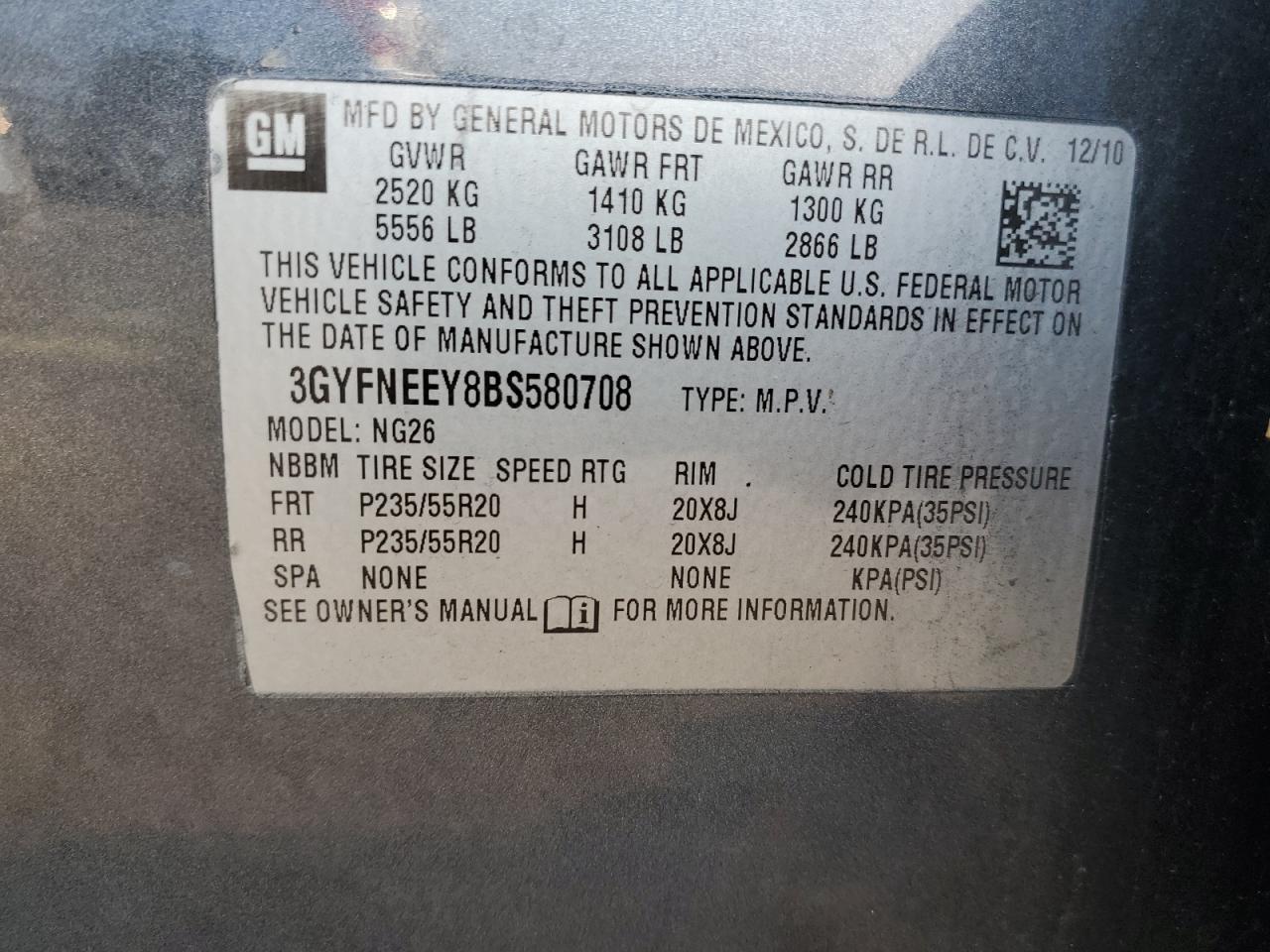 2011 Cadillac Srx Performance Collection VIN: 3GYFNEEY8BS580708 Lot: 67280934