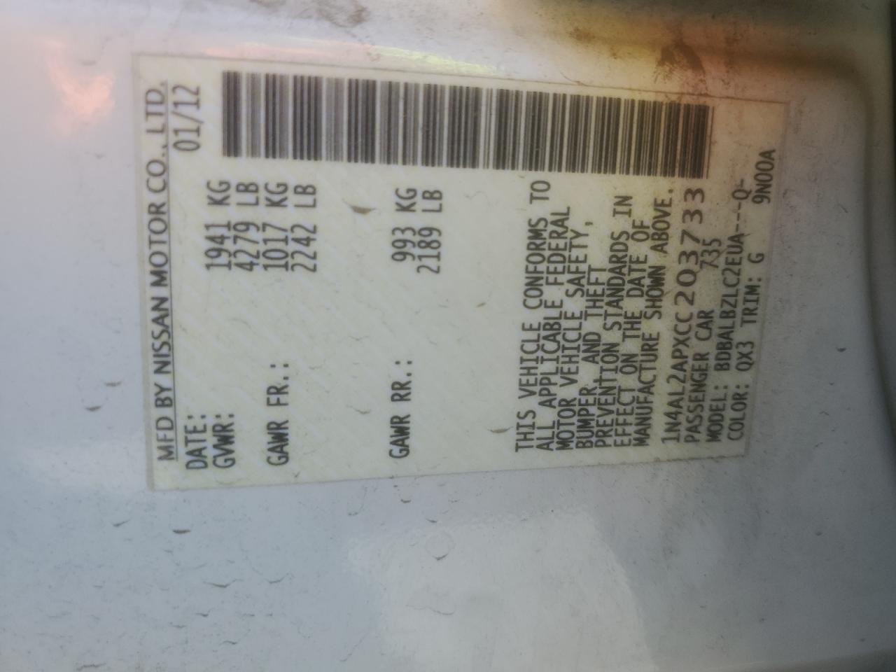 2012 Nissan Altima Base VIN: 1N4AL2APXCC203733 Lot: 68033944