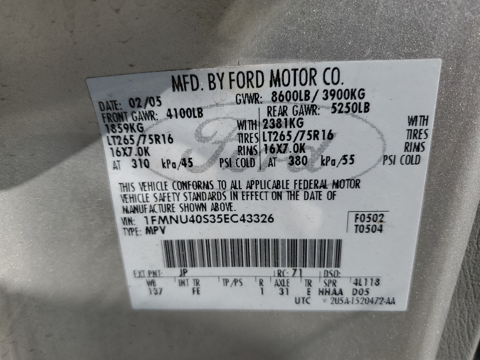 1FMNU40S35EC43326 2005 Ford Excursion Xlt