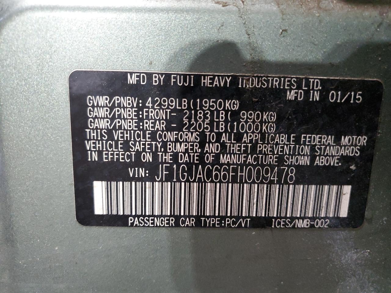 2015 Subaru Impreza Premium VIN: JF1GJAC66FH009478 Lot: 66416904