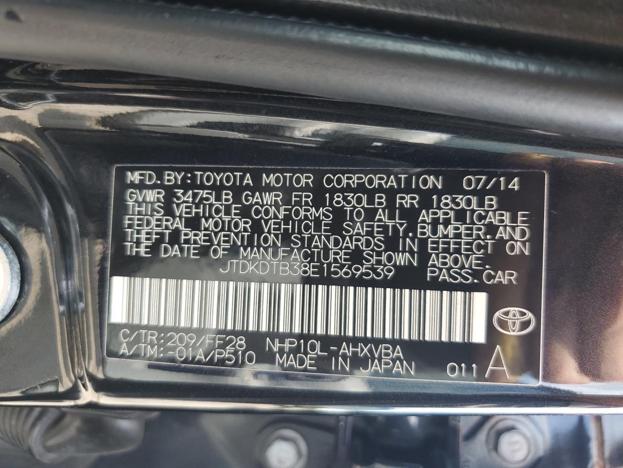 JTDKDTB38E1569539 2014 Toyota Prius C