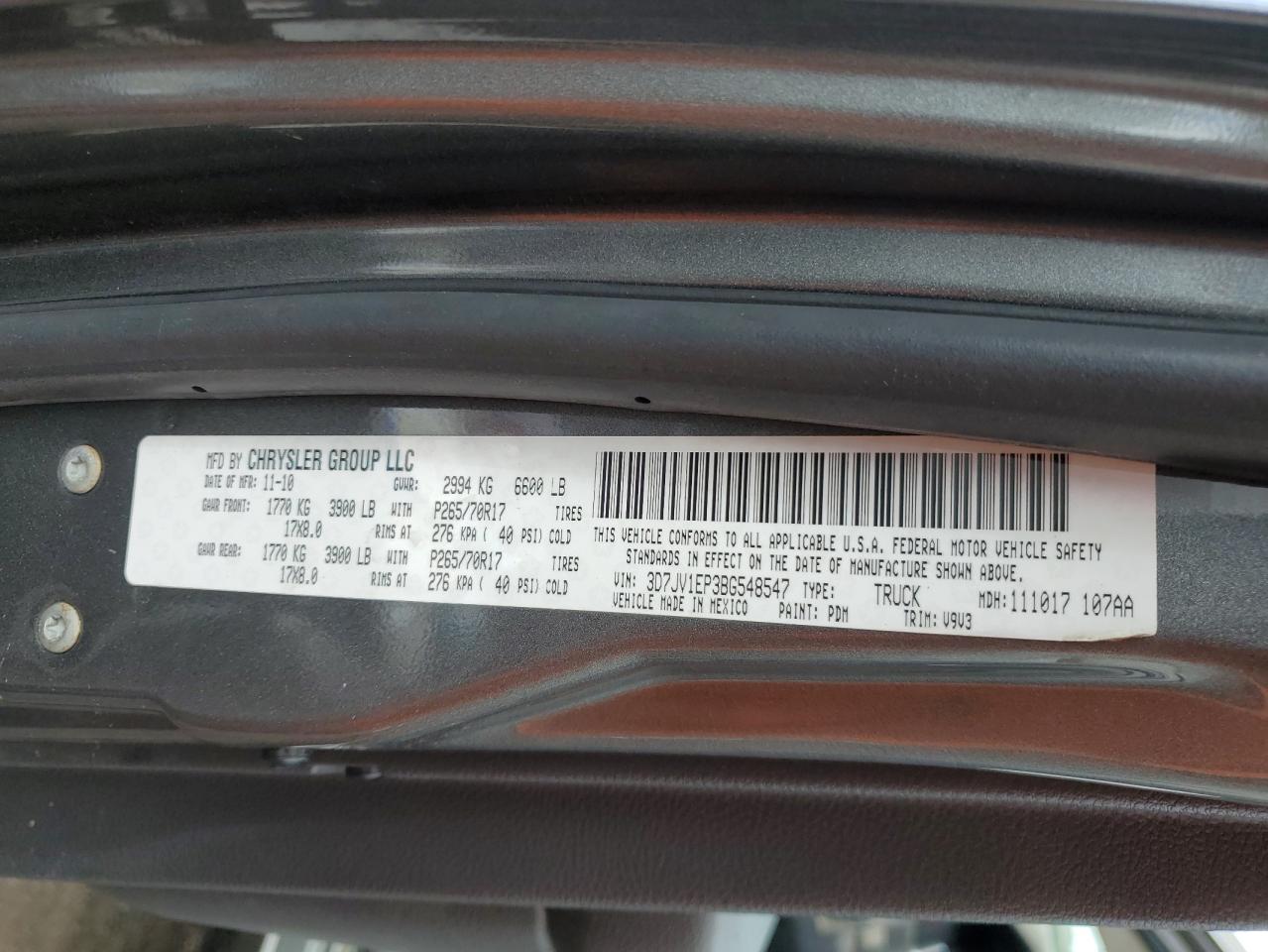 2011 Dodge Ram 1500 VIN: 3D7JV1EP3BG548547 Lot: 67651784