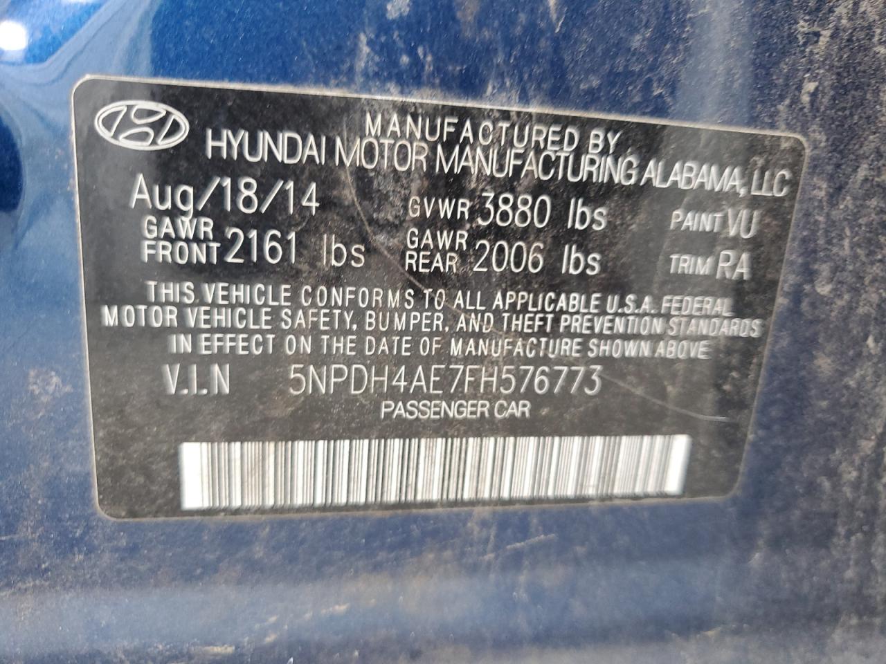 2015 Hyundai Elantra Se VIN: 5NPDH4AE7FH576773 Lot: 65540184