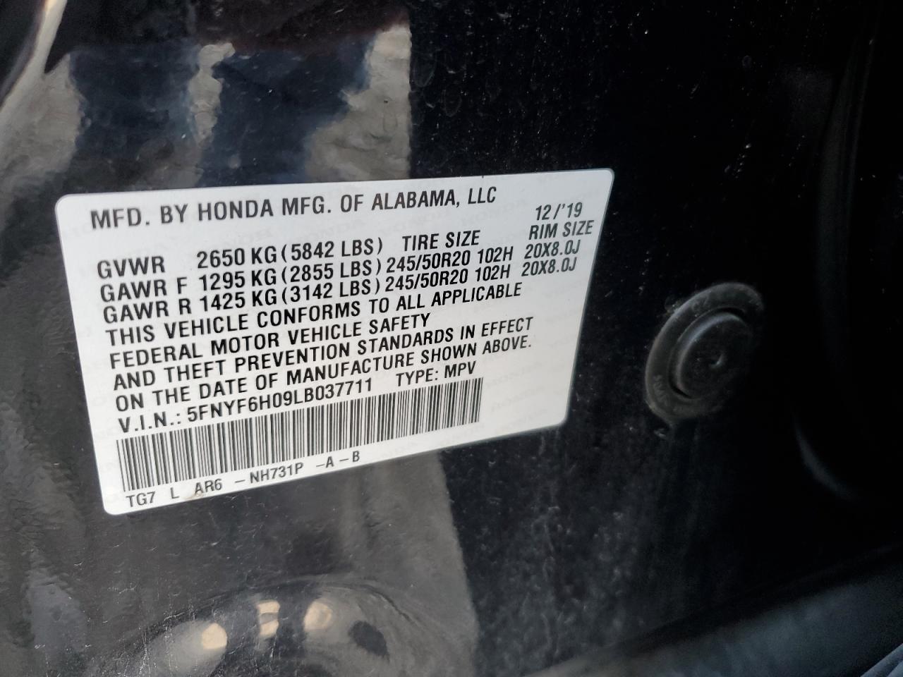 5FNYF6H09LB037711 2020 Honda Pilot Elite