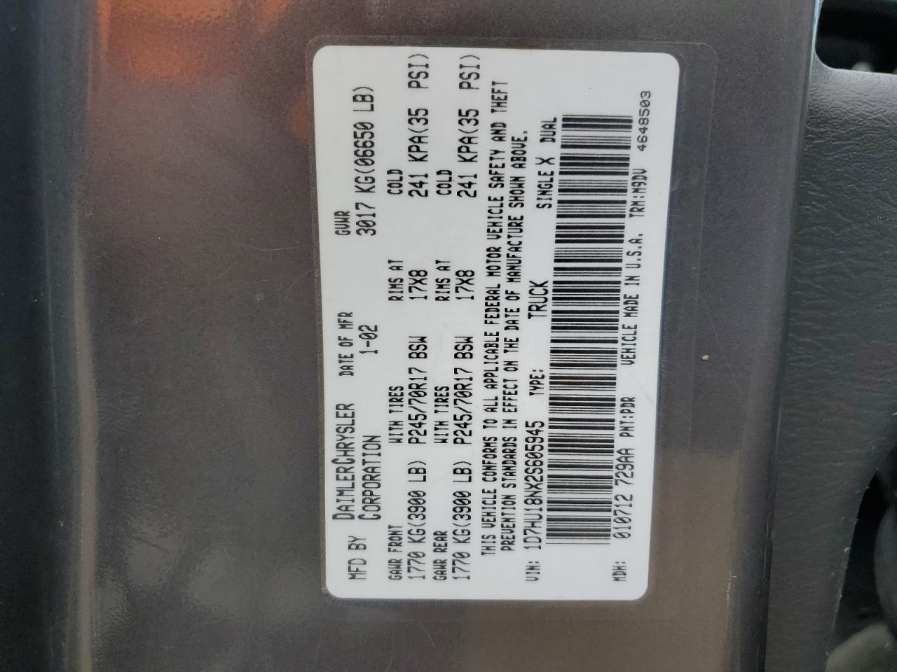 2002 Dodge Ram 1500 VIN: 1D7HU18NX2S605945 Lot: 67913344