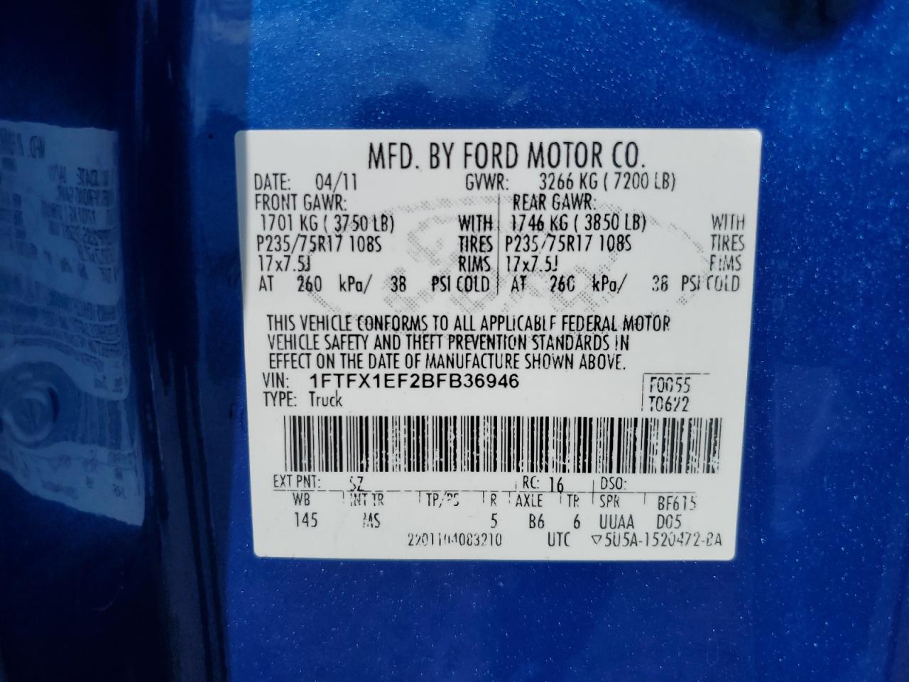 2011 Ford F150 Super Cab VIN: 1FTFX1EF2BFB36946 Lot: 66930384