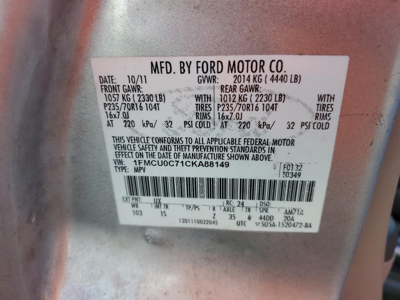 2012 Ford Escape Xls VIN: 1FMCU0C71CKA88149 Lot: 68382244