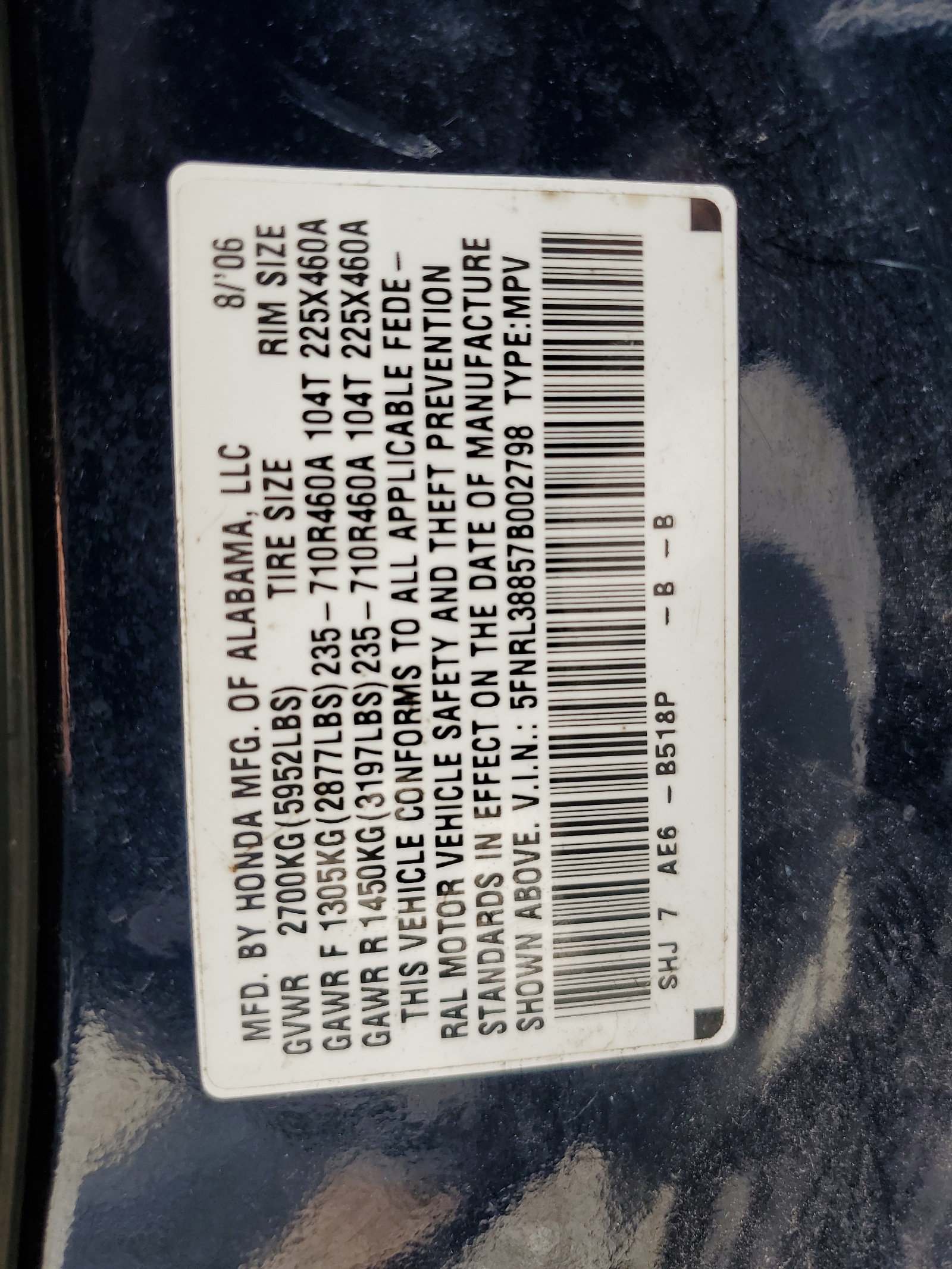 5FNRL38857B002798 2007 Honda Odyssey Touring
