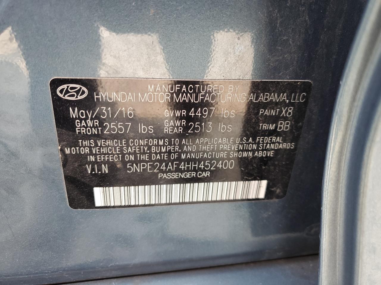 2017 Hyundai Sonata Se VIN: 5NPE24AF4HH452400 Lot: 66307204