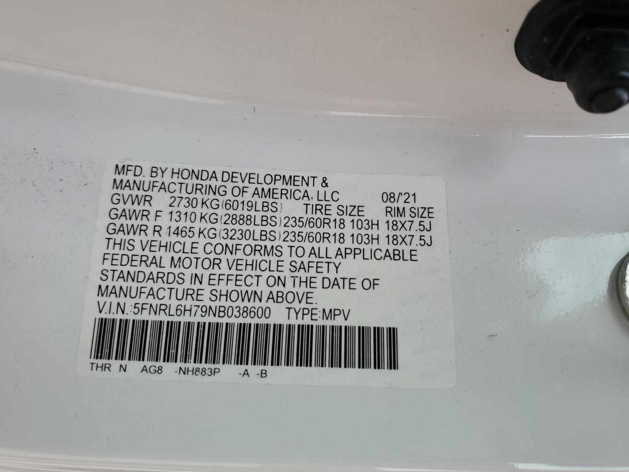 2022 Honda Odyssey Exl VIN: 5FNRL6H79NB038600 Lot: 68270344