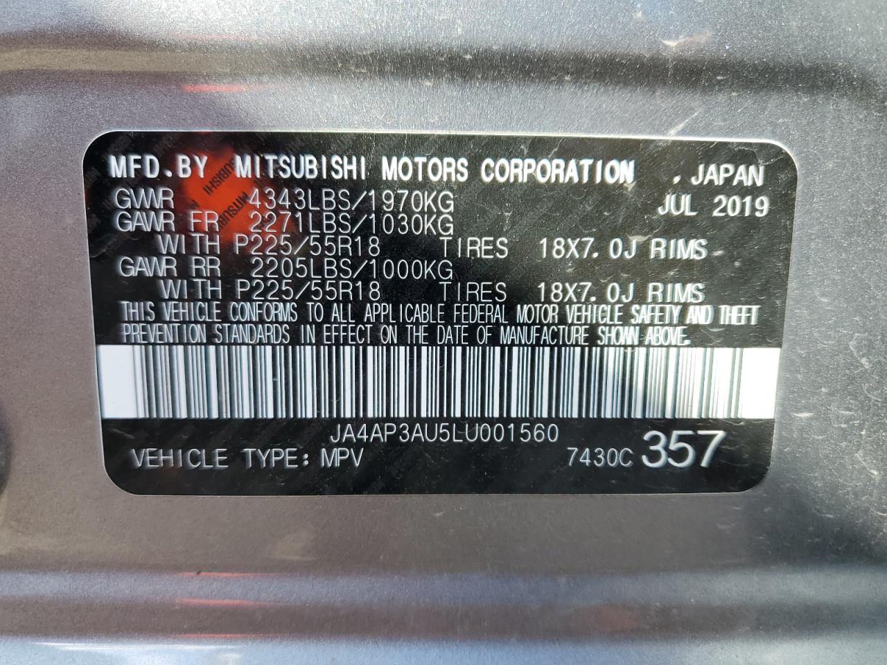 2020 Mitsubishi Outlander Sport Es VIN: JA4AP3AU5LU001560 Lot: 68096114