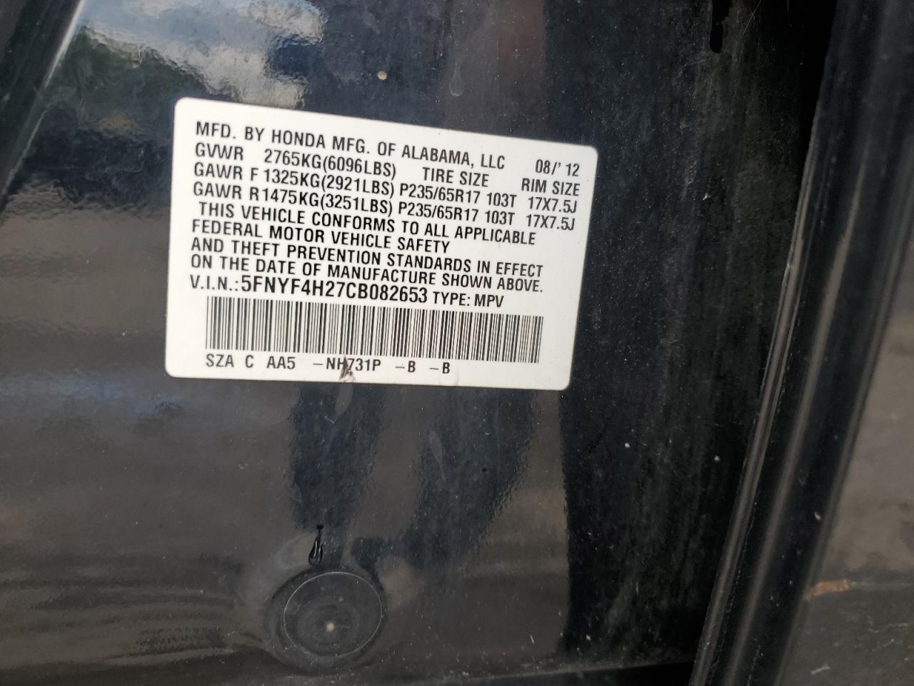 2012 Honda Pilot Lx VIN: 5FNYF4H27CB082653 Lot: 65314474