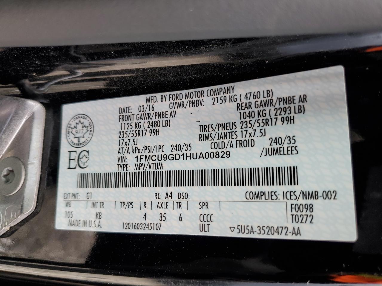 1FMCU9GD1HUA00829 2017 Ford Escape Se