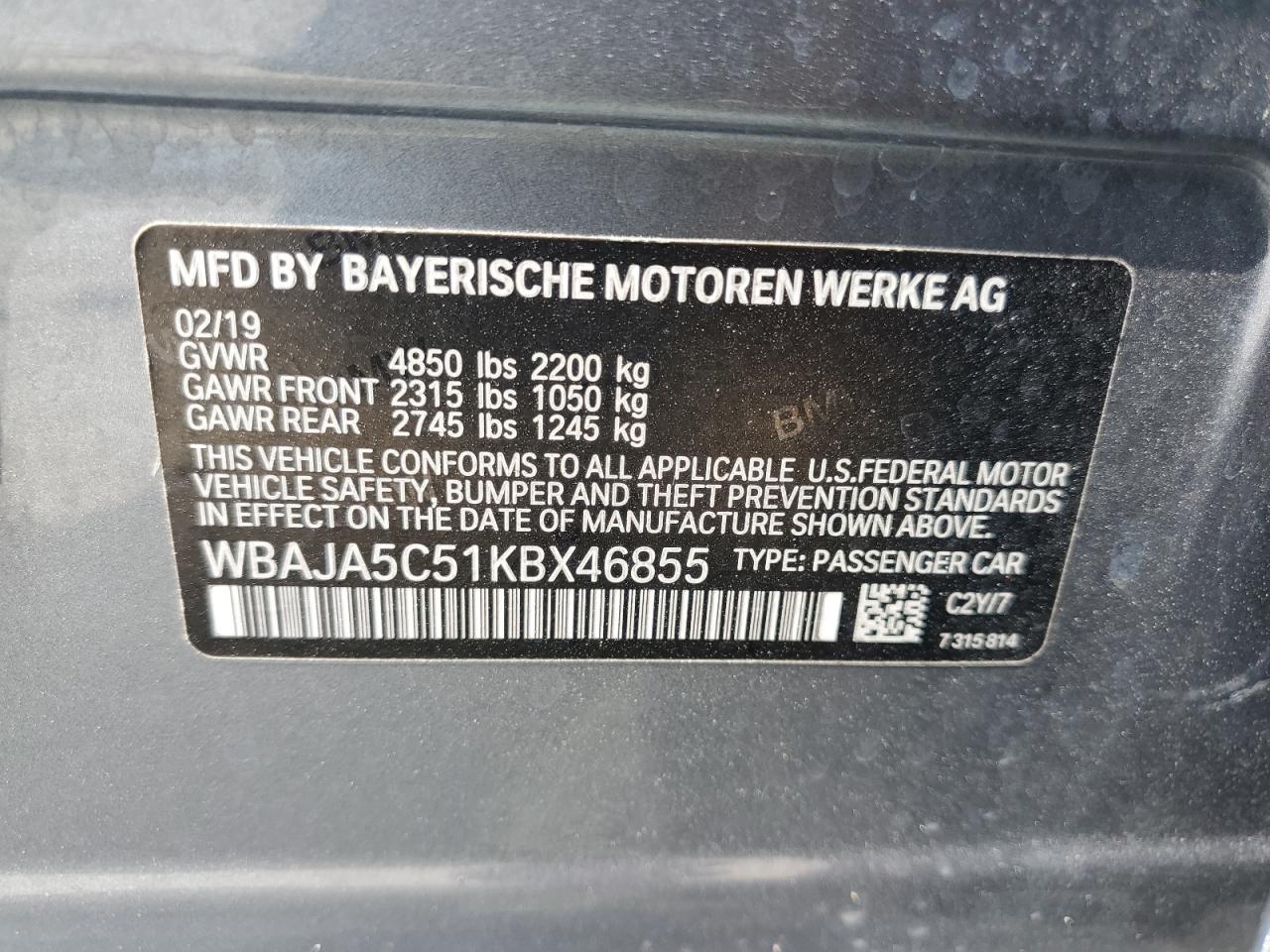 2019 BMW 530 I VIN: WBAJA5C51KBX46855 Lot: 66988124